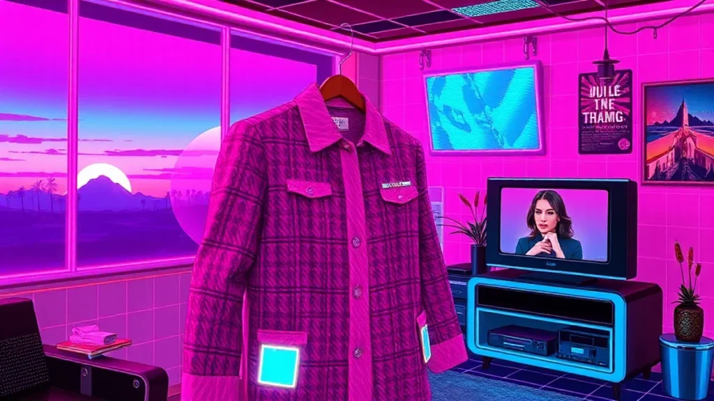 A glowing Chanel tweed jacket in a neon Y2K room with digital elements and synthwave style.