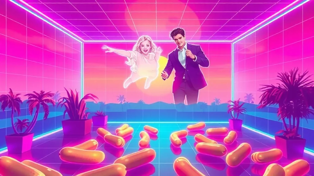A stylized Y2K neon scene featuring a holographic Katy Perry and Justin Trudeau surrounded by glowing pickles and digita