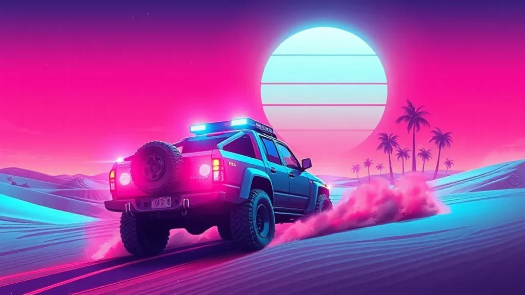 A glowing 4x4 truck drives through stormy desert dunes with neon signs and a valleygirl rider holding a glowing kazoo.