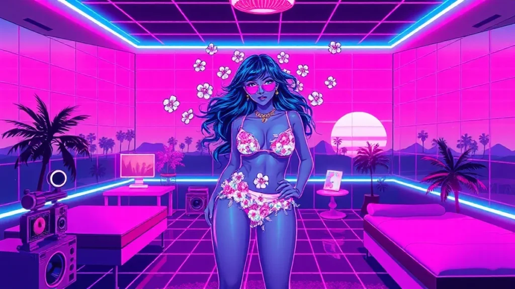 A glowing influencer in a floral bikini surrounded by holographic flowers in a neon Y2K styled room.