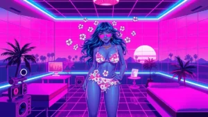 A glowing influencer in a floral bikini surrounded by holographic flowers in a neon Y2K styled room.