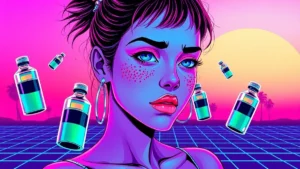 A retro Y2K styled girl with glowing skin and acne, surrounded by holographic toner bottles in a neon-lit room.