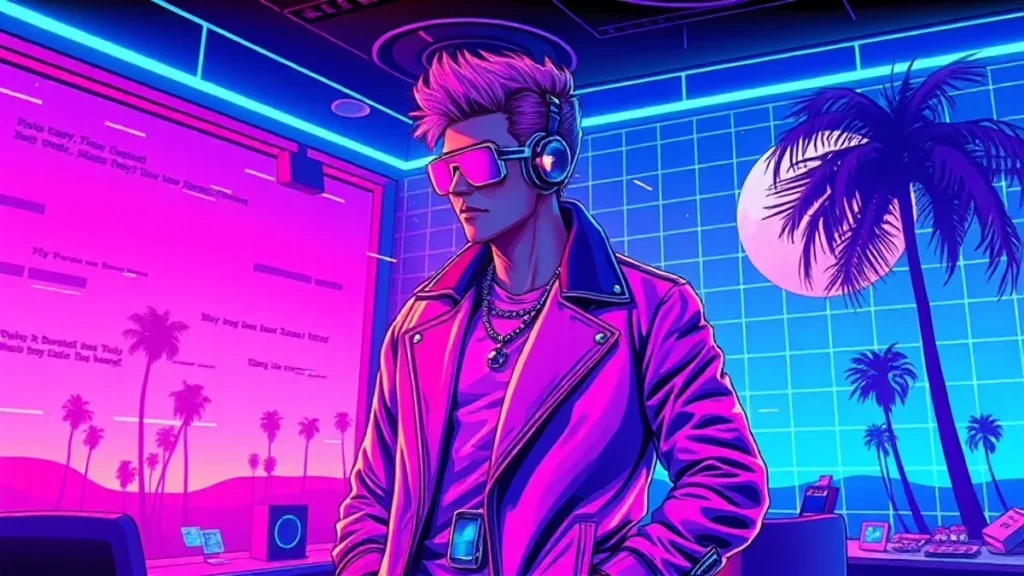 A stylized Y2K scene featuring a woman in a pink suit surrounded by holographic elements and a synthwave cityscape.