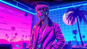 A stylized Y2K scene featuring a woman in a pink suit surrounded by holographic elements and a synthwave cityscape.