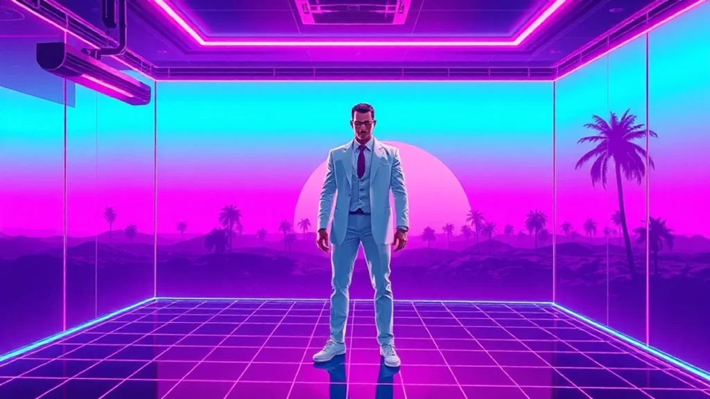 A stylized Y2K illustration of Law Roach in a glowing white suit surrounded by digital fashion elements.
