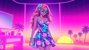 A retro Y2K character wearing a Lilly Pulitzer dress with glowing ocean designs in a neon synthwave environment.