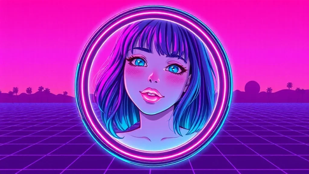 A retro Y2K girl with glowing lips and holographic makeup in a neon-lit digital environment.
