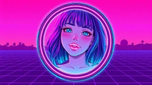 A retro Y2K girl with glowing lips and holographic makeup in a neon-lit digital environment.