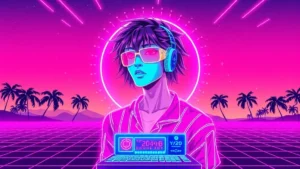 A stylized Y2K character in a neon-lit digital space with floating holograms and glowing data streams.