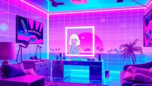 A glowing girl in a neon Y2K room with floating makeup tools and digital brushes.