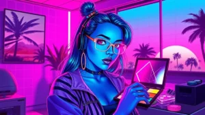 A retro Y2K character in a neon-lit synthwave room with glowing holograms and a glowing makeup palette.