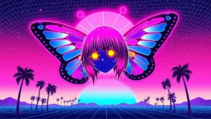 A retro Y2K character with butterfly wings and glowing eyes in a neon-lit synthwave environment.
