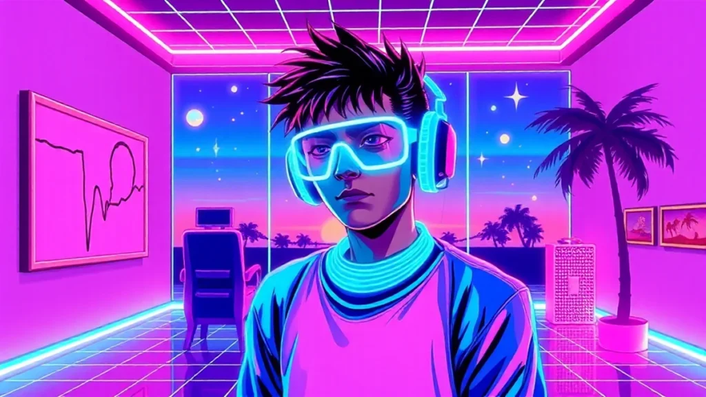 A stylized Y2K character in a neon-lit vaporwave room with floating holograms and a low-key makeup aesthetic.