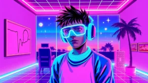 A stylized Y2K character in a neon-lit vaporwave room with floating holograms and a low-key makeup aesthetic.