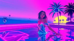 A stylized Y2K character in a neon synthwave pool party scene wearing a summer dress and surrounded by holographic eleme