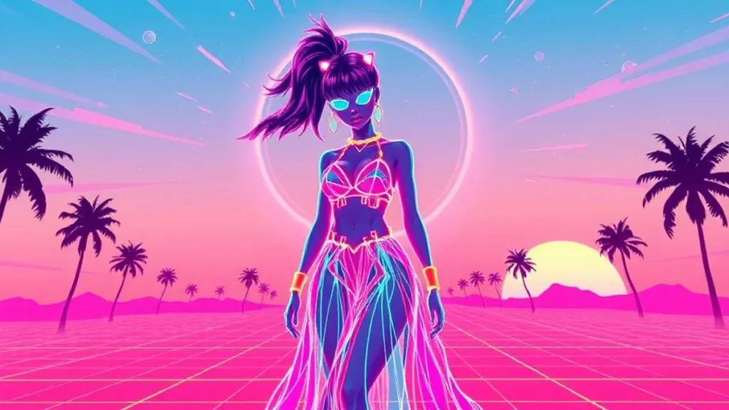 A glowing cyberpunk avatar wearing a holographic gown in a neon-lit digital art environment.