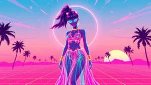 A glowing cyberpunk avatar wearing a holographic gown in a neon-lit digital art environment.