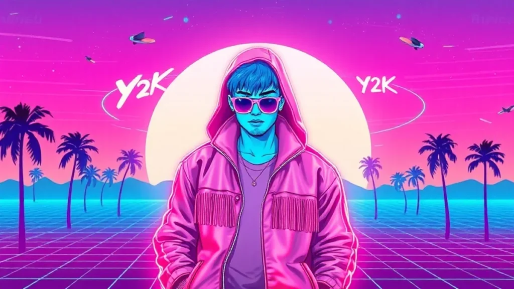 A stylized Y2K figure wearing a tasseled jacket in a neon-lit digital fashion scene.