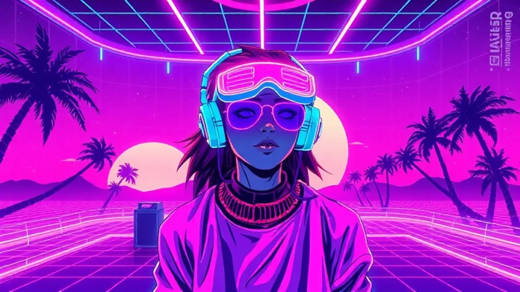 A retro Y2K character surrounded by glowing makeup shades in a neon-lit vaporwave room.