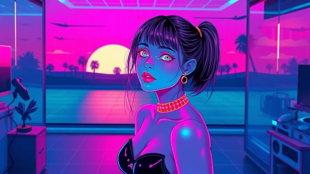 A stylized retro girl with glowing skin stands in a neon-lit room surrounded by floating skincare products and digital e