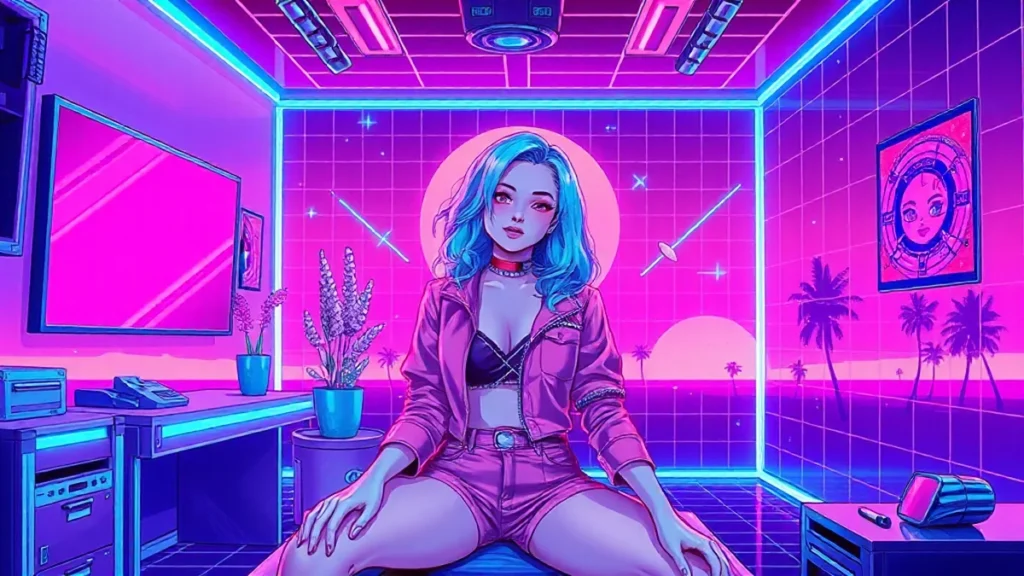 A stylized Y2K girl in a pastel mauve outfit with glowing makeup tools and synthwave background.