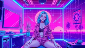 A stylized Y2K girl in a pastel mauve outfit with glowing makeup tools and synthwave background.