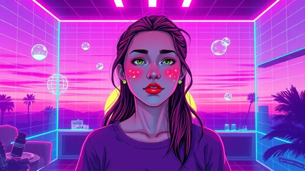 A young girl with acne scars in a neon Y2K room surrounded by glowing skincare products and digital text.