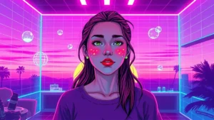 A young girl with acne scars in a neon Y2K room surrounded by glowing skincare products and digital text.