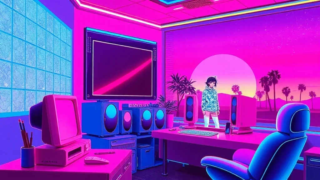 A stylized Y2K scene featuring a glowing makeup mirror and a character with old makeup in a neon-lit retro room.