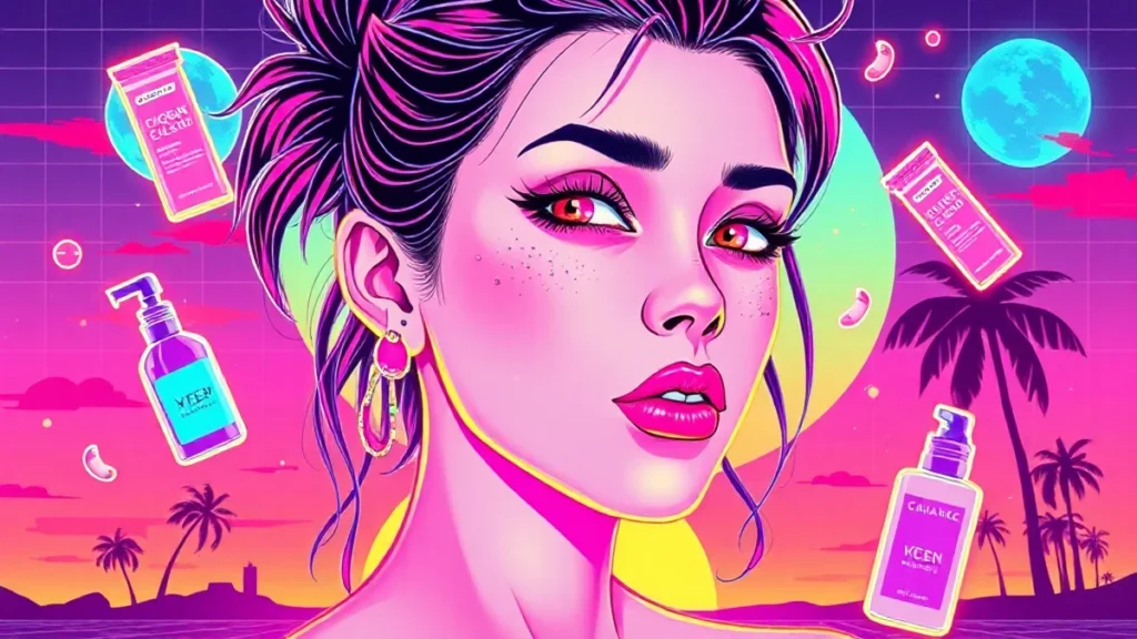 A retro Y2K girl with glowing skin surrounded by floating skincare products in a neon-lit room.