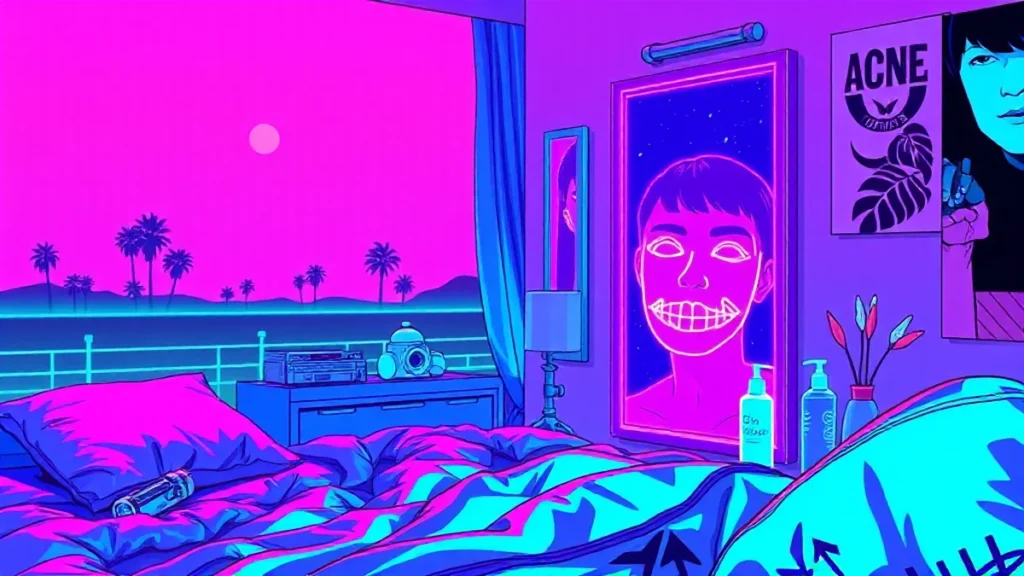 A retro Y2K styled bedroom showing a glowing acne mask and skincare products with a pixelated face in the mirror.