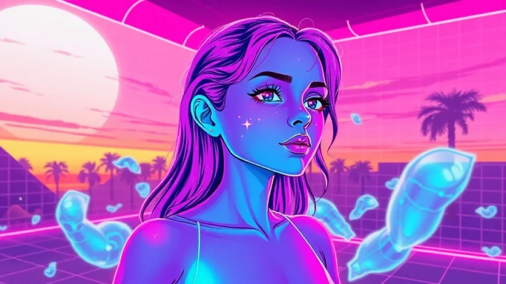 A glowing girl with acne spots in a neon vaporwave room surrounded by floating skincare products.