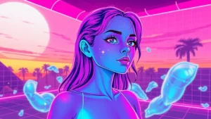 A glowing girl with acne spots in a neon vaporwave room surrounded by floating skincare products.
