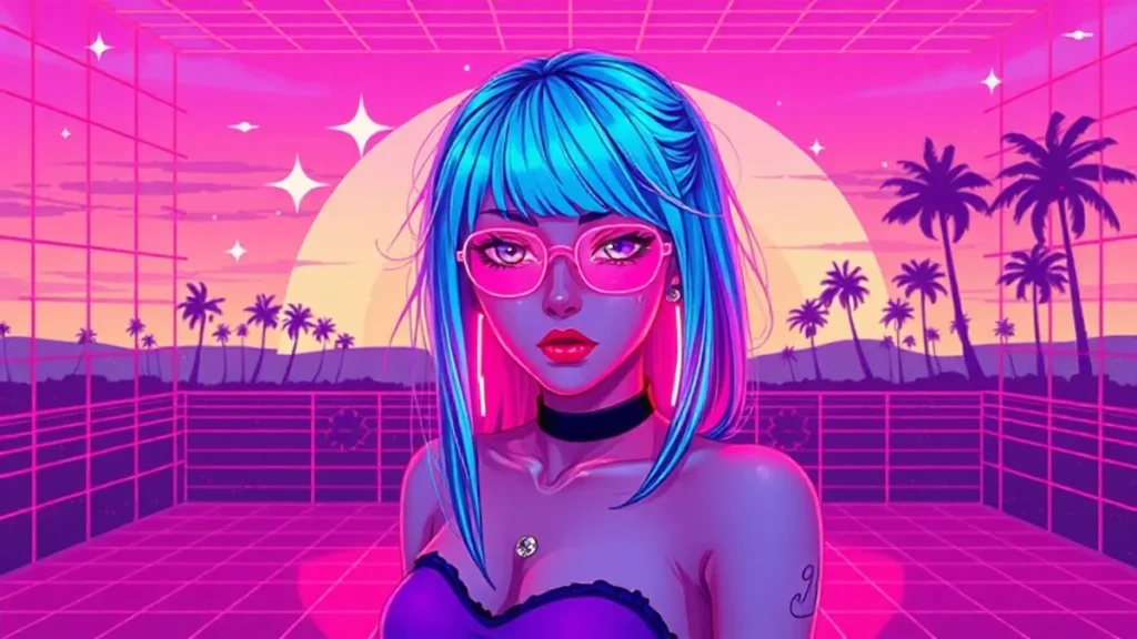 A stylized retro girl with glowing neon hair and holographic makeup in a vibrant vaporwave digital environment.