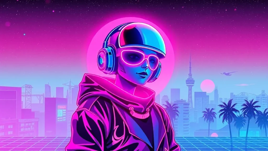 A stylized Y2K character in a neon-lit synthwave city with floating holograms and a Myanmar mural in the background.