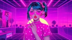 A glowing Y2K girl with chrome nails in a synthwave room surrounded by holographic nail art.