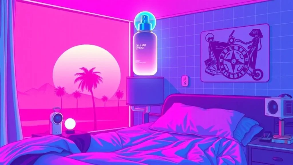 A retro Y2K styled illustration of a glowing skincare product floating in a neon-lit bedroom with digital vines and synt