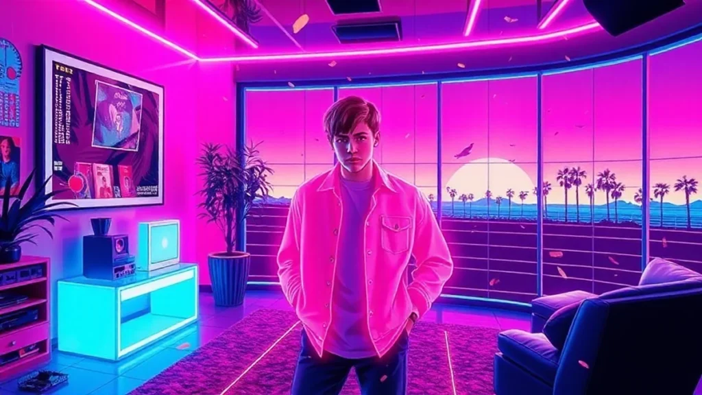 A stylized Y2K illustration of Niall Horan rejecting a wedding invitation in a neon-lit digital room.