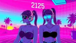 Two glowing twins in a neon cyberpunk room with floating holographic dates and digital effects.