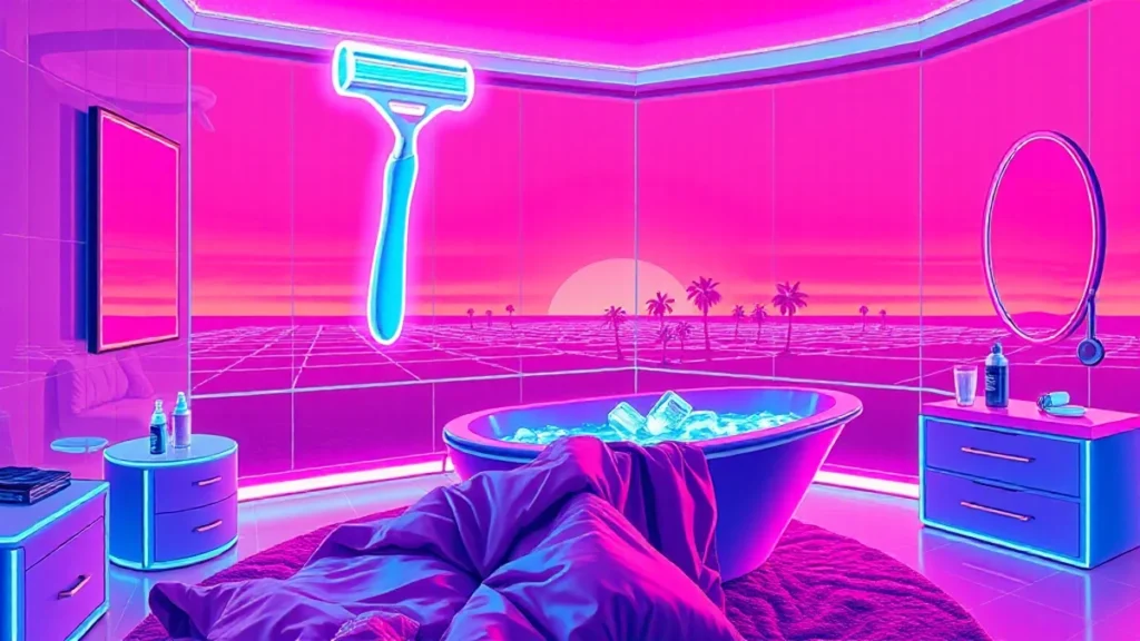 Retro Y2K styled room with glowing skincare products and holographic razor in a synthwave environment.