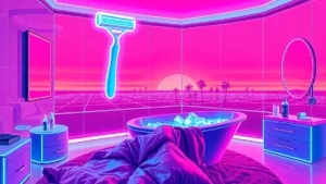 Retro Y2K styled room with glowing skincare products and holographic razor in a synthwave environment.