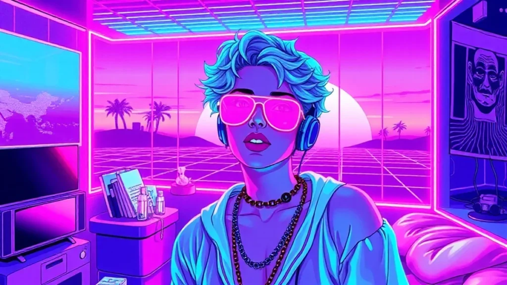 A stylized Y2K scene featuring a nonbinary person surrounded by glowing makeup products and retro tech elements.