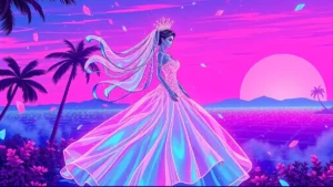 A glowing bride in a neon wedding dress surrounded by holographic confetti and digital wedding signs in a retro Y2K synt