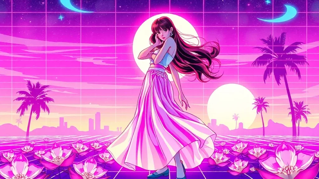 A glowing It-girl in a flowy maxi skirt surrounded by holographic elements in a neon Y2K styled room.