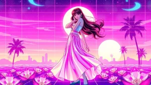 A glowing It-girl in a flowy maxi skirt surrounded by holographic elements in a neon Y2K styled room.