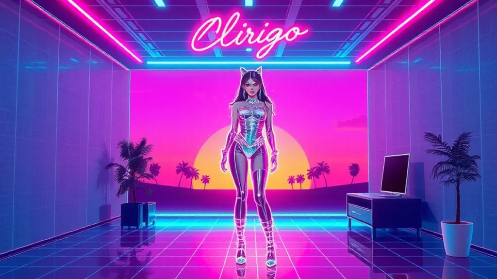 Olivia Rodrigo in a neon Y2K styled room with holographic elements and digital text.