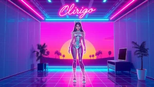 Olivia Rodrigo in a neon Y2K styled room with holographic elements and digital text.