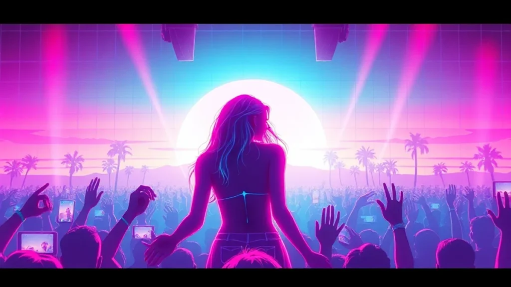 Neon-lit Y2K concert scene featuring Olivia Rodrigo with holographic fans and glowing FC Barcelona logo.