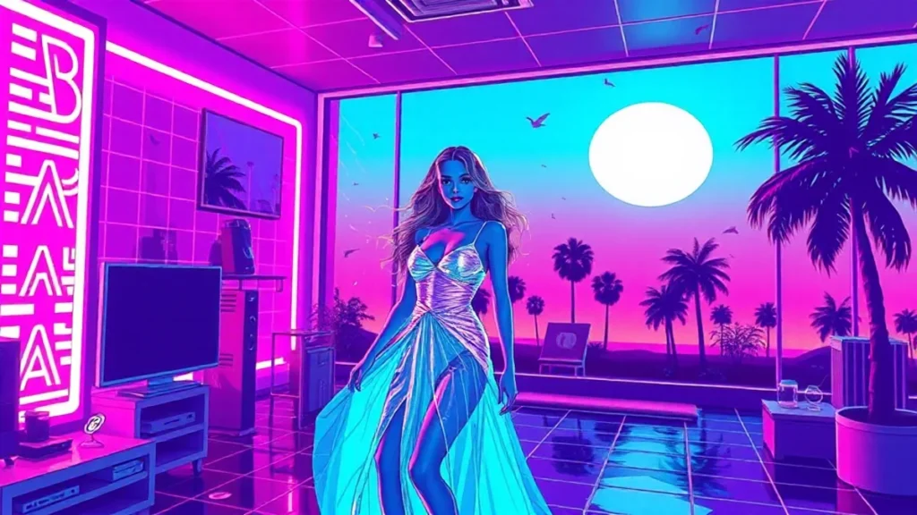 Olivia Wilde in a glowing holographic dress with digital effects in a neon Y2K styled room.