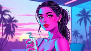A young woman with clear skin holds a PanOxyl face wash in a neon-lit retro room with floating holographic elements.